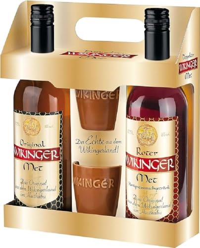 Exklusives Geschenkset: Wikinger Honigwein mit Bechern aus Norddeutschland | Original & Roter Met