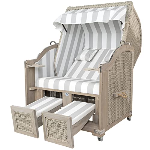 Exklusiver Vintage Strandkorb Landhaus Sylt Teak mit PVC-Bezug in grauem Blockstreifen