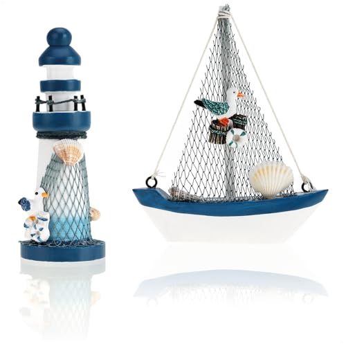 Entdecke das com-four® maritime Deko-Set: Segelschiff und Leuchtturm im Used-Look!