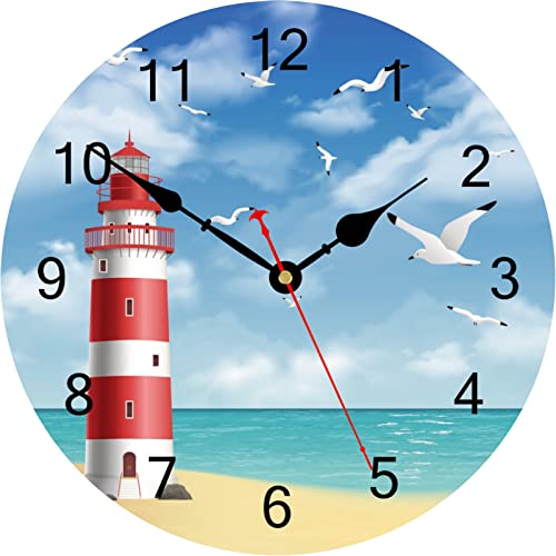Moderne Wanduhr mit Leuchtturm-Motiv und lautlosem Uhrwerk für Küche und Wohnzimmer.