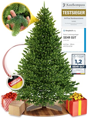 Premium Nordmanntanne: Naturgetreuer Weihnachtsbaum [180 cm] aus 100% Spritzguss mit Holzständer
