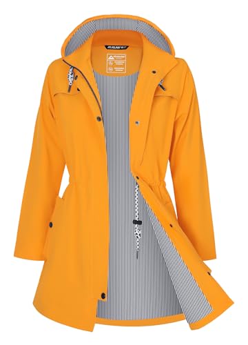 Stilvoller Regenmantel für Damen: Wasserdichter Trenchcoat in Gelb mit Kapuze, Lang.