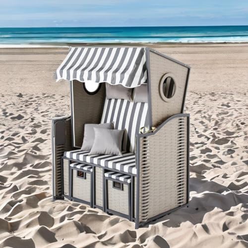 Stylischer 2-Sitzer Strandkorb in Grau-Weiß, wetterfest, mit Klapptischen und Kissen