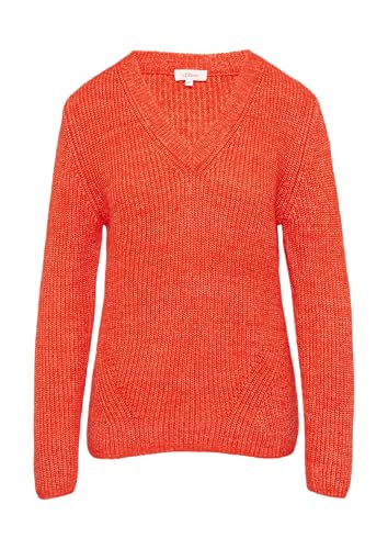 Stilvoller s.Oliver Strickpullover in Orange mit V-Ausschnitt und Rippblende, Größe 34.