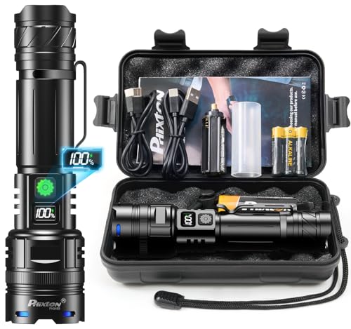 Superhelle PHIXTON Taschenlampe mit 500000 Lumens, USB-C Aufladung, Zoombare Funktion