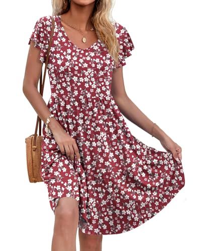 Elegantes Sommerkleid für Damen mit Rüschen, V-Ausschnitt und Tasche in Rot-Blumenmuster