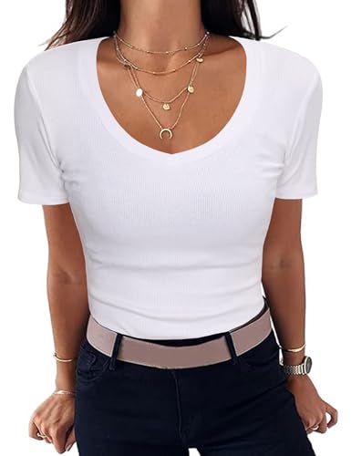 Stilvolles Damen T-Shirt: Enges V-Ausschnitt Stretch Tee in Weiß - Sexy Casual Top