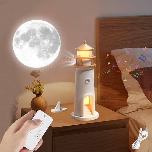 Magische Leuchtturm Lampe mit Mond Projektion und Bluetooth, inkl. Fernbedienung