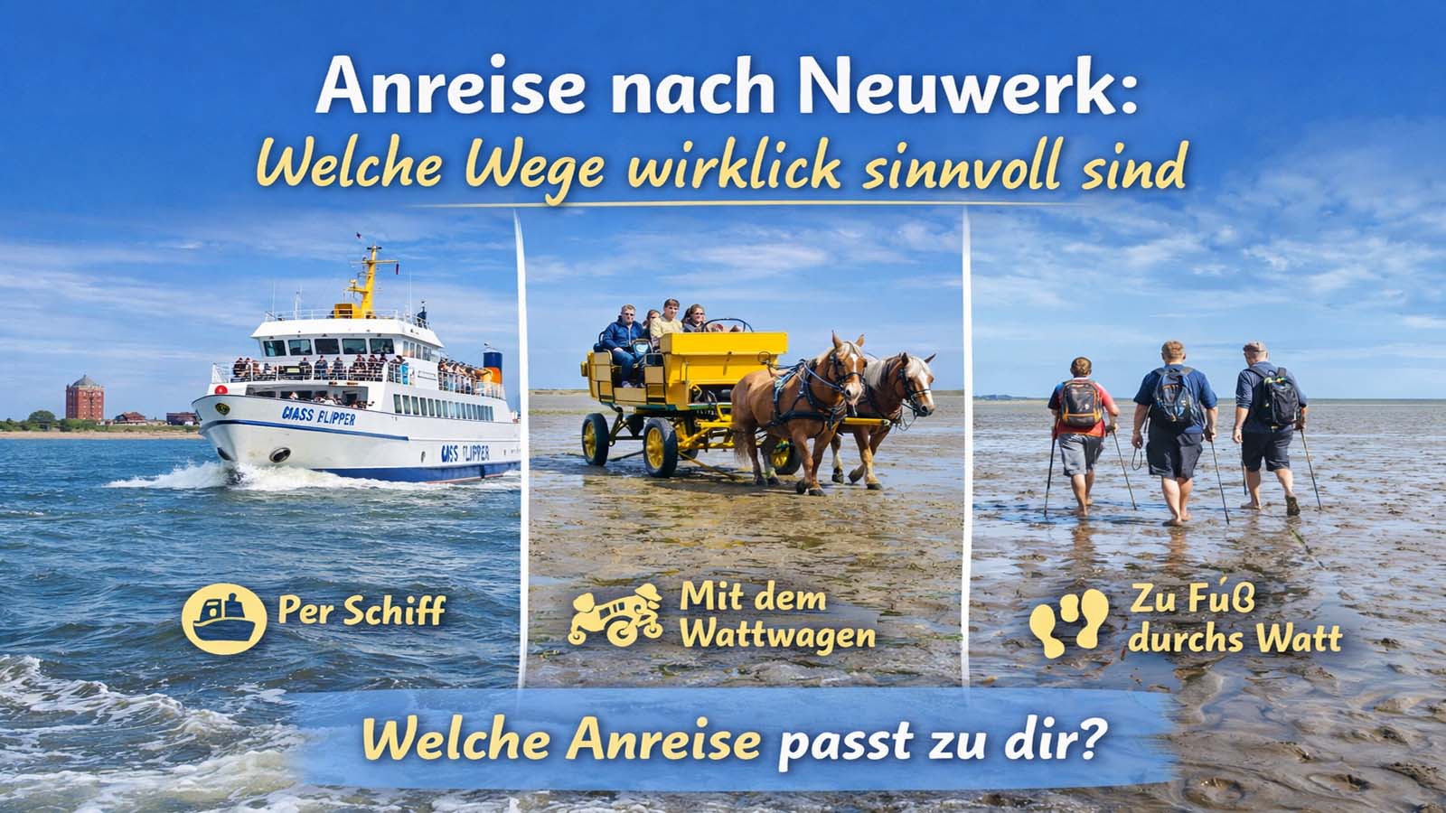 Querformatiges Beitragsbild zur Anreise nach Neuwerk mit Schiff, Wattwagen und Wattwanderung durchs Watt.
