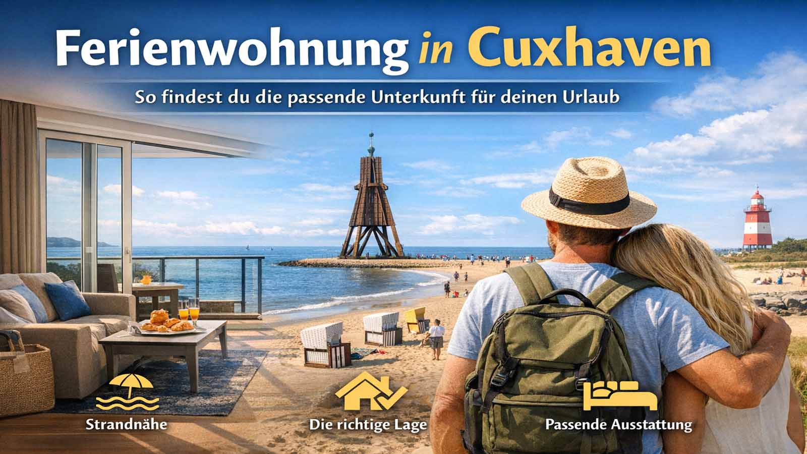 Querformat-Beitragsbild zu Ferienwohnung in Cuxhaven mit strandnaher Ferienwohnung, Blick auf die Nordsee, Strand, Kugelbake und Urlaubspaar.