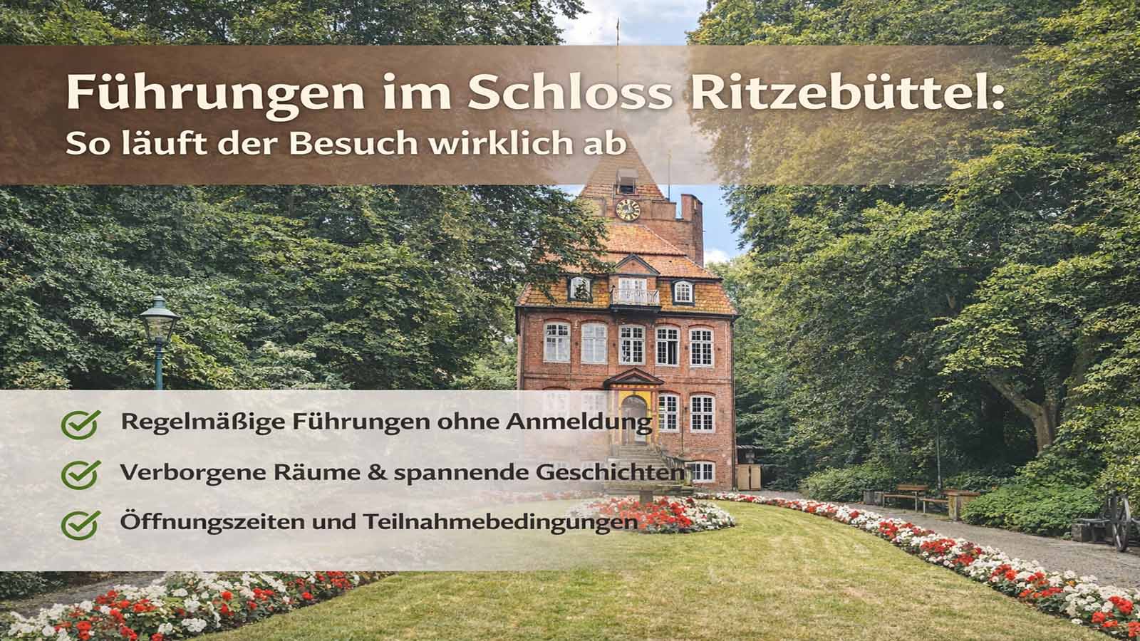 Beitragsbild zu Führungen im Schloss Ritzebüttel in Cuxhaven mit Blick auf das historische Backsteinschloss, Gartenanlage und Hinweisen zu Führungen, Geschichten und Öffnungszeiten.