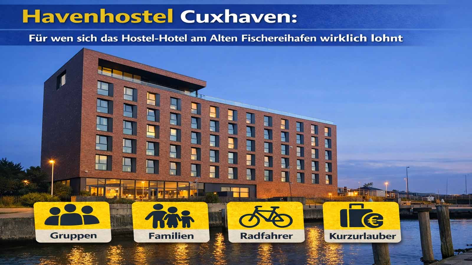 Außenansicht des Havenhostel Cuxhaven am Alten Fischereihafen mit modernem Backsteingebäude und Hafenlage als Beitragsbild zum Artikel über Zielgruppen und Aufenthalt.