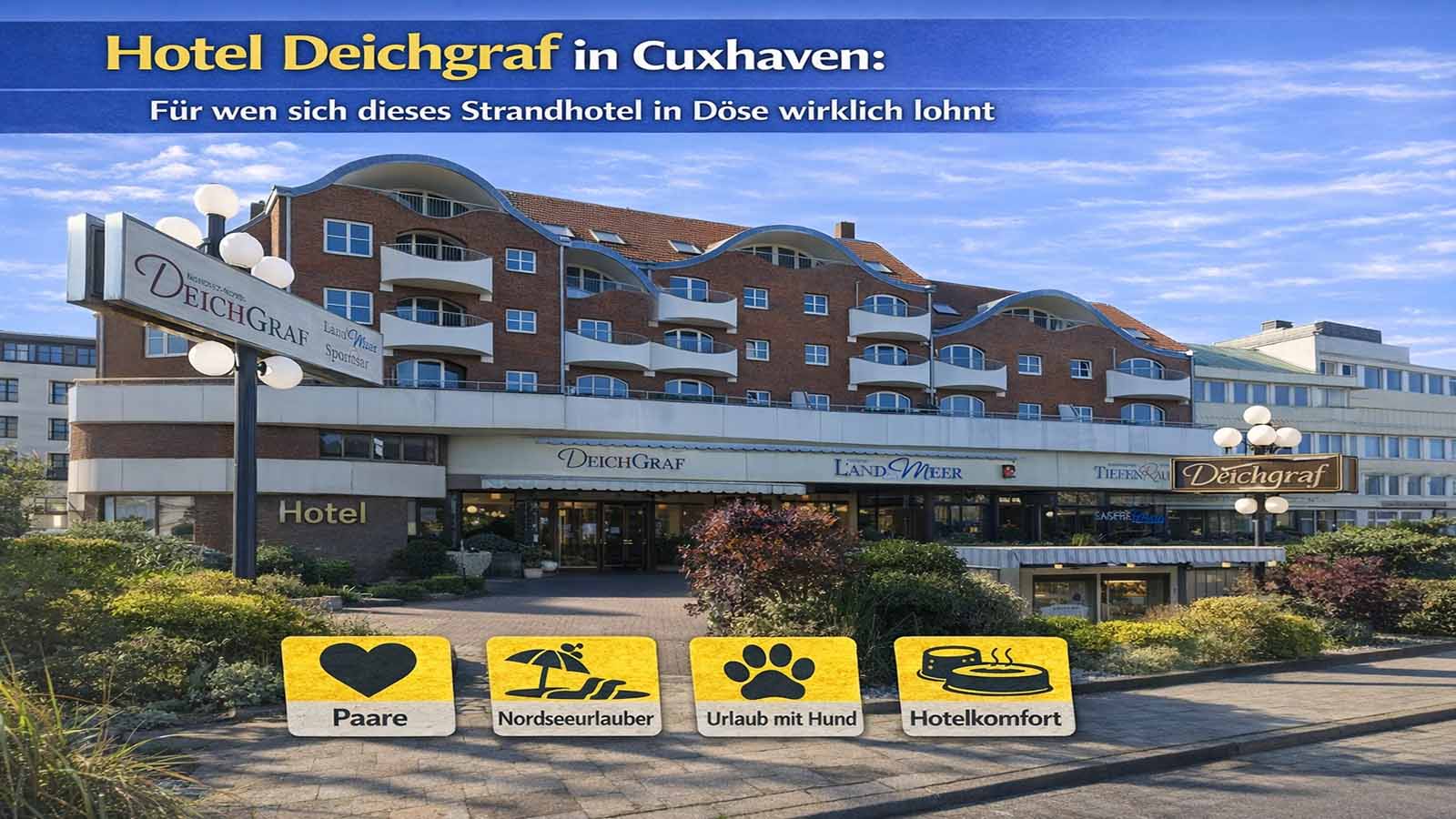 Beitragsbild zum Hotel Deichgraf in Cuxhaven: rotes Hotelgebäude in Döse mit Hotel-Schriftzug, wenig Text und Symbolen für Paare, Nordseeurlaub, Urlaub mit Hund und Hotelkomfort.