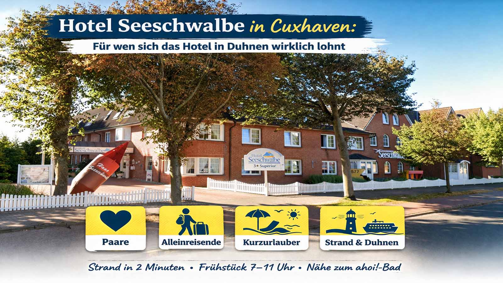 Beitragsbild zum Hotel Seeschwalbe in Cuxhaven mit Außenansicht des roten Backsteingebäudes in Duhnen und kurzer Überschrift zur Frage, für wen sich das strandnahe Hotel besonders lohnt.