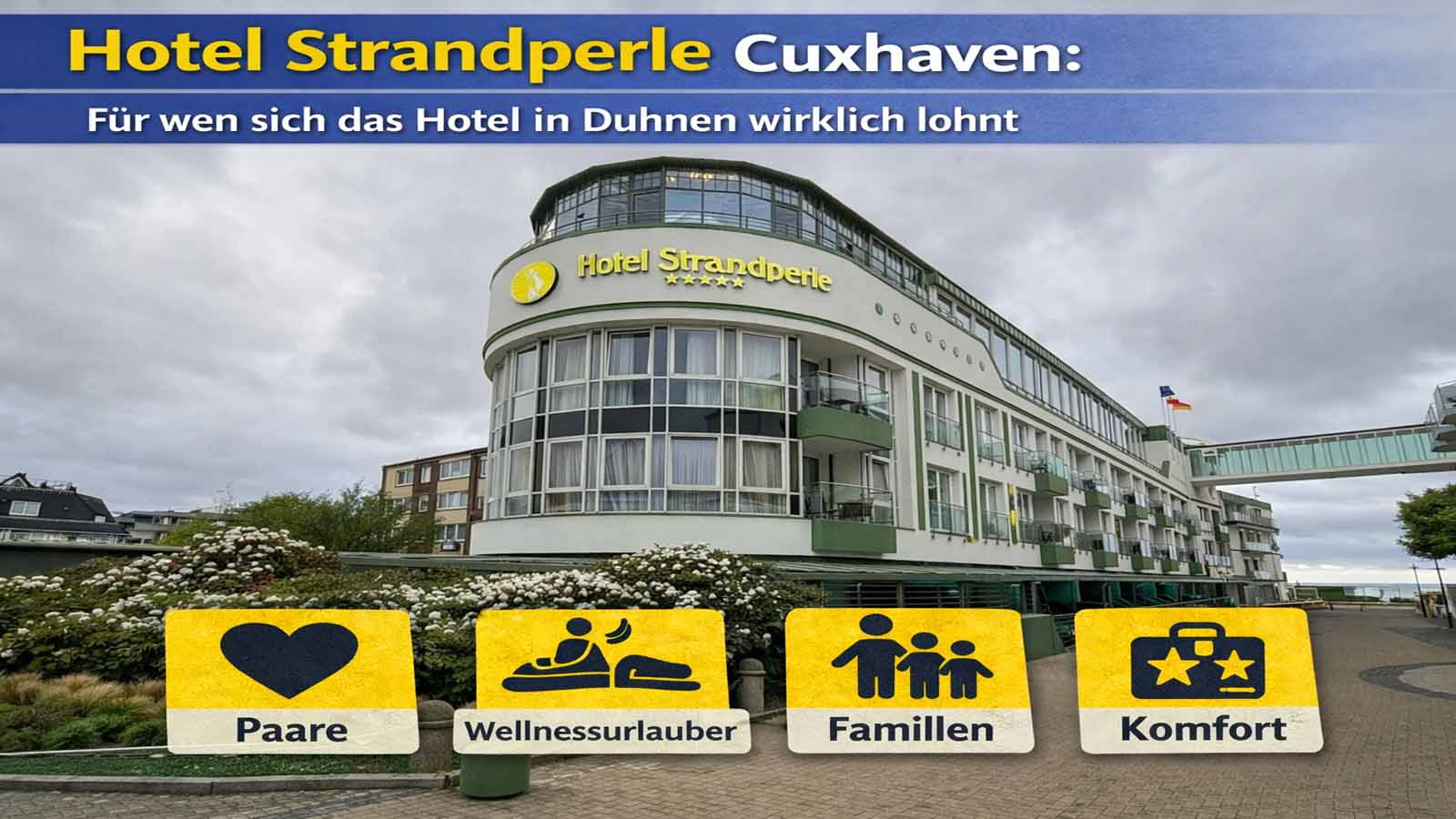 Außenansicht des Hotels Strandperle in Cuxhaven-Duhnen mit weiß-grüner Fassade, geschwungener Front und direkter Lage an der Strandstraße.