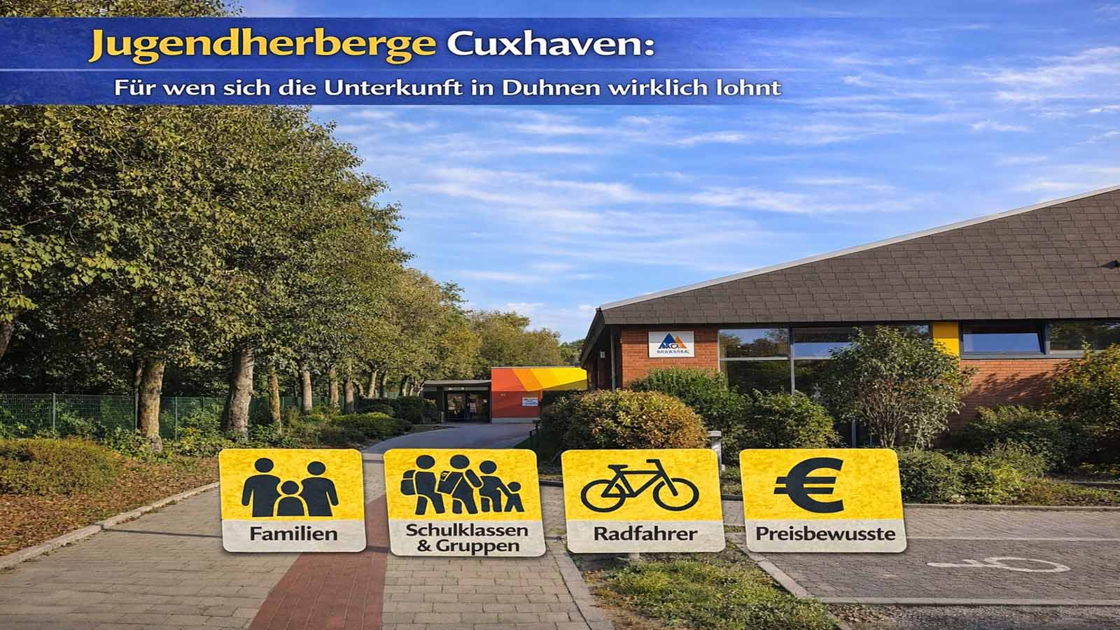 Beitragsbild zur Jugendherberge Cuxhaven in Duhnen: Eingangsbereich der Unterkunft mit wenig Text und Symbolen für Familien, Schulklassen und Gruppen, Radfahrer und preisbewusste Gäste.
