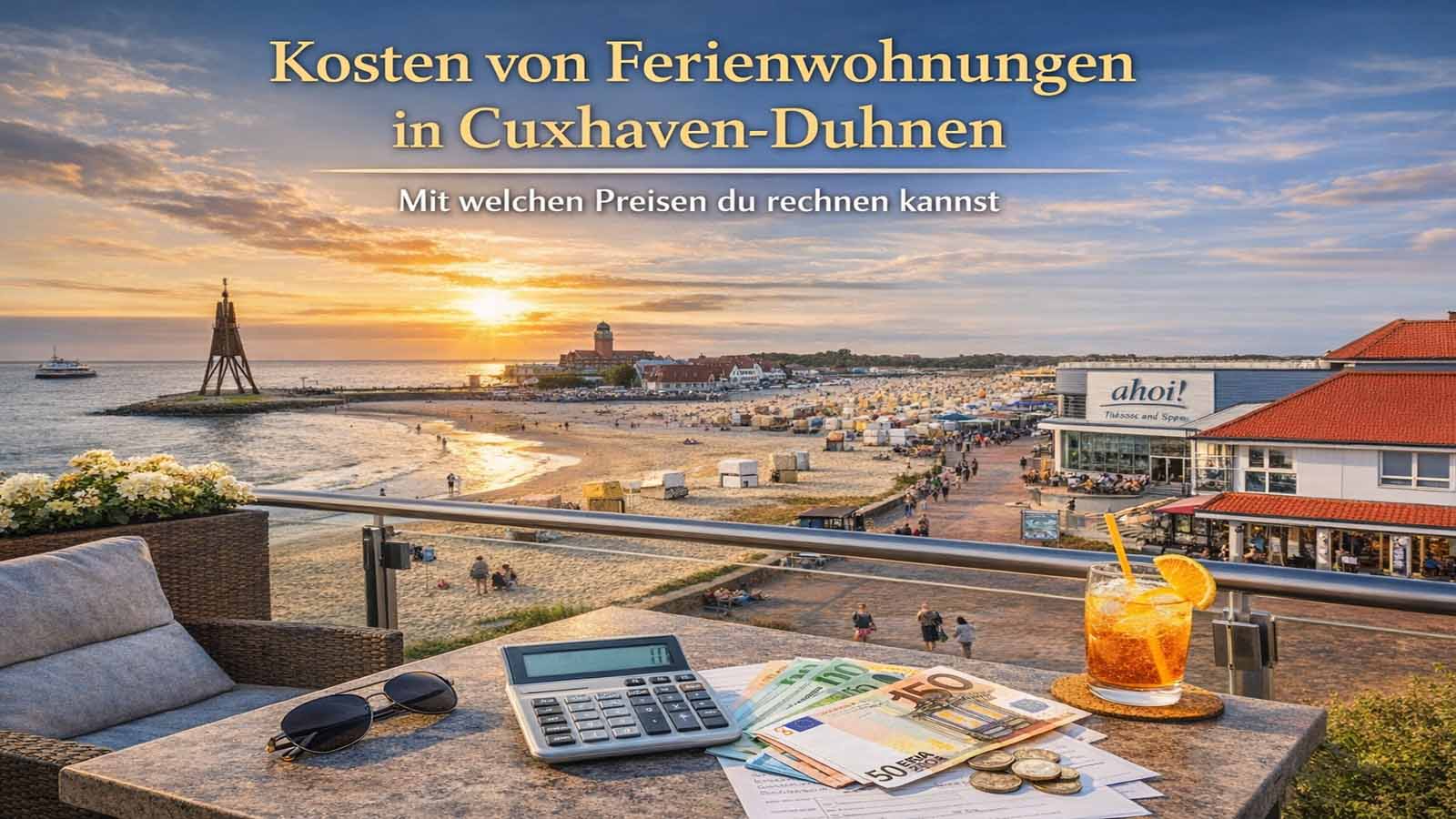 Querformat-Beitragsbild zu den Kosten von Ferienwohnungen in Cuxhaven-Duhnen mit Strandblick, Promenade, ahoi!-Bad sowie Tisch mit Geldscheinen und Taschenrechner.