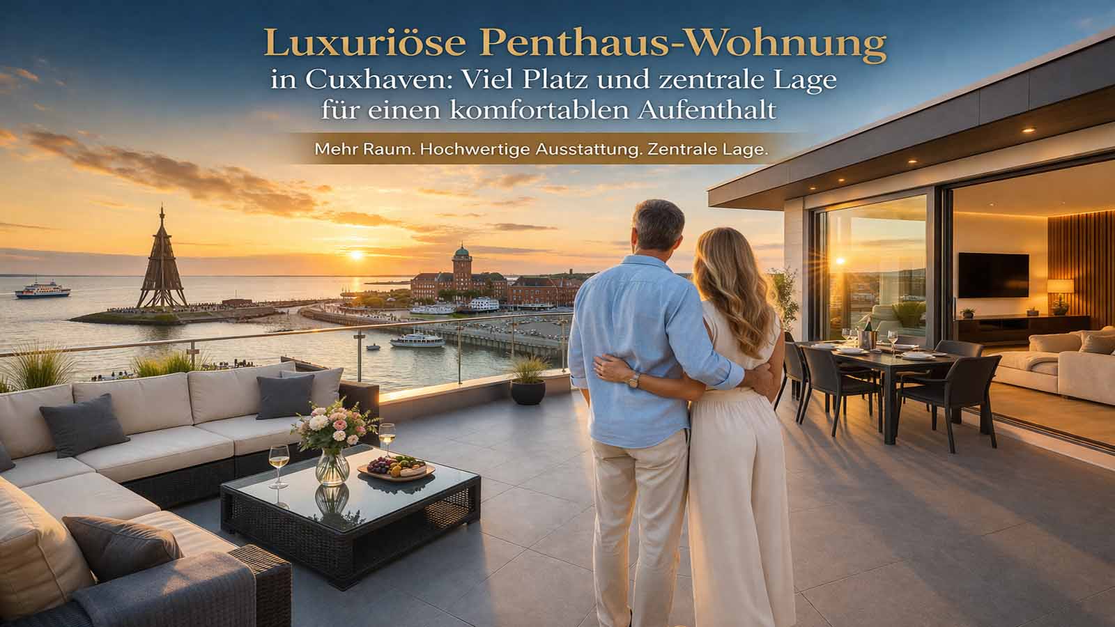 Querformat-Beitragsbild einer luxuriösen Penthaus-Wohnung in Cuxhaven mit großer Dachterrasse, modernem Wohnbereich, Hafenblick und hochwertiger Ausstattung.
