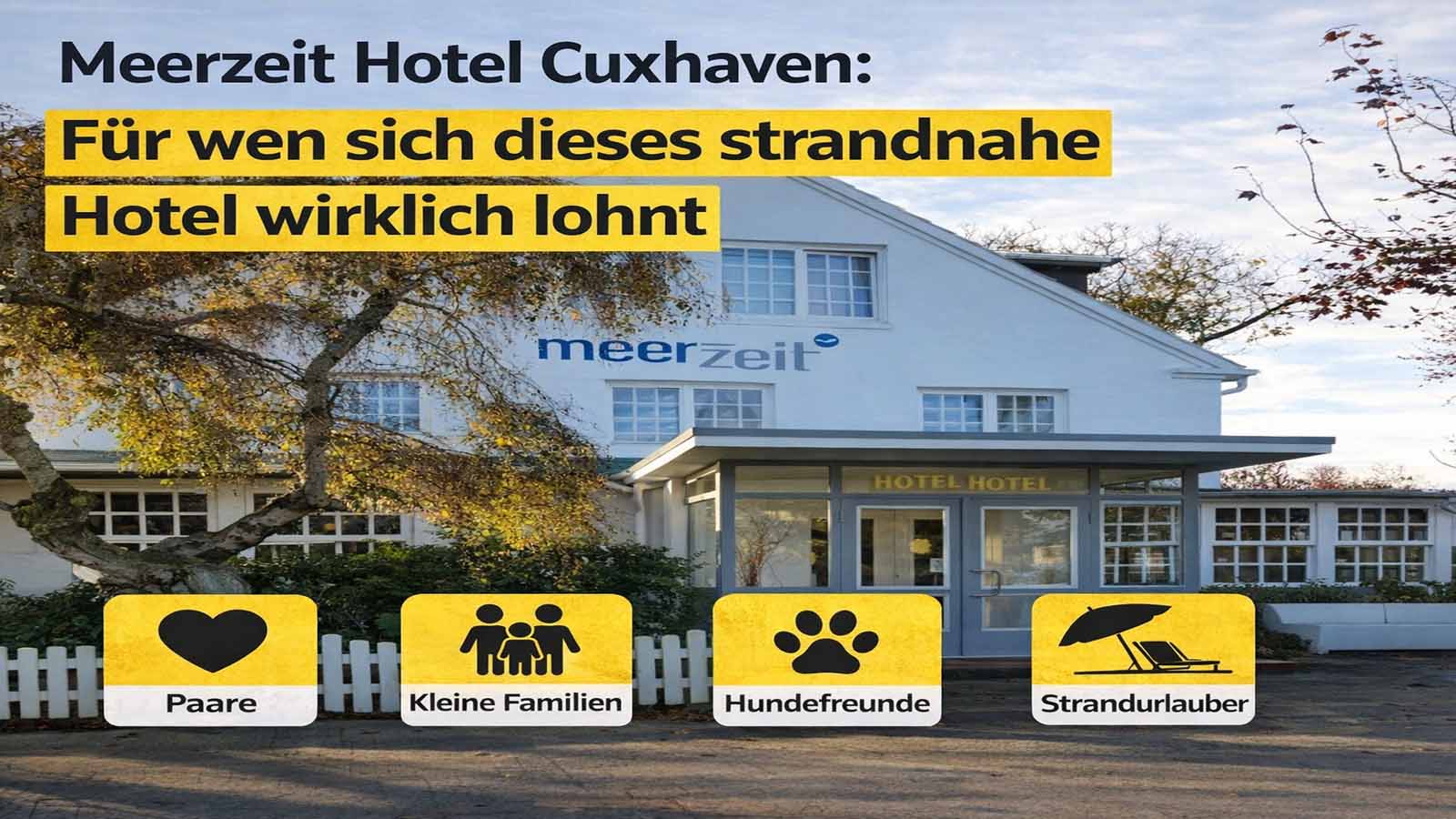Außenansicht des Meerzeit Hotel Cuxhaven mit Texteinblendung zum strandnahen Hotel für Paare, kleine Familien, Hundefreunde und Strandurlauber.