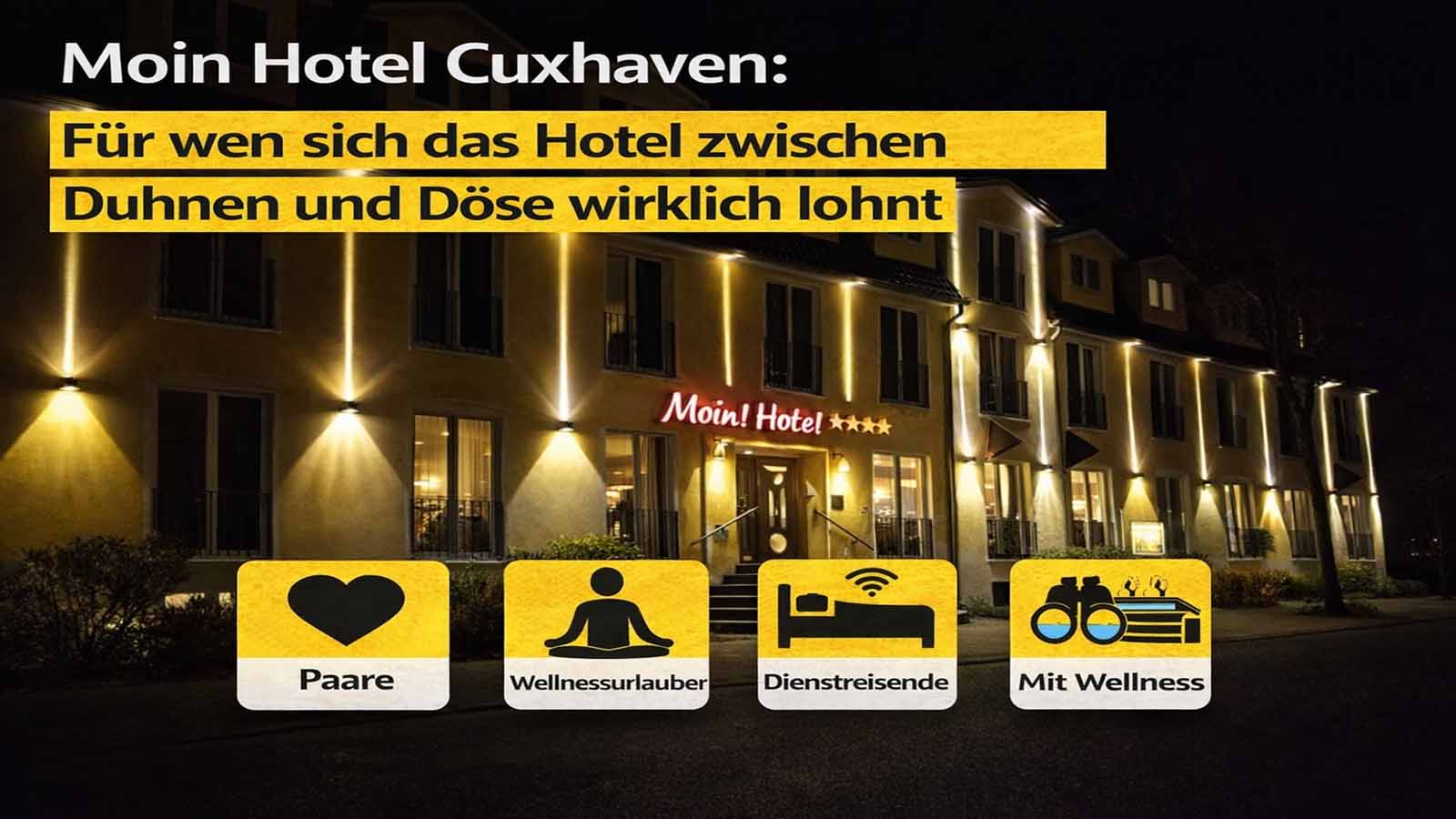 Außenansicht des Moin Hotel Cuxhaven bei Nacht mit Texteinblendung zum 4-Sterne-Hotel für Paare, Wellnessurlauber, Dienstreisende und ruhigen Nordseeurlaub.