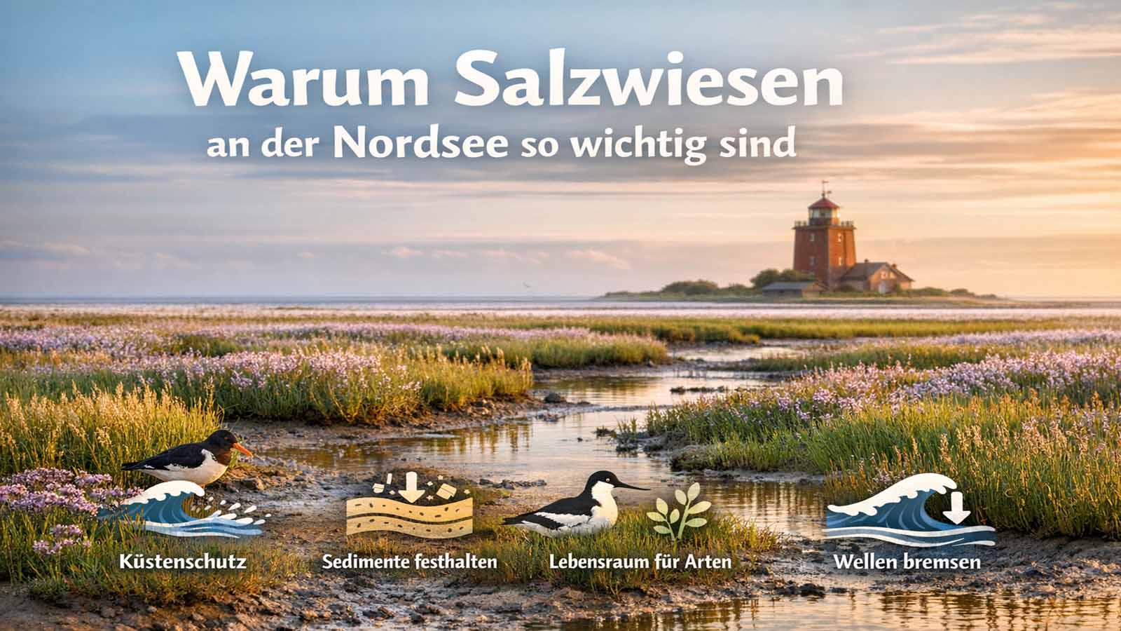 Beitragsbild im Querformat mit Salzwiese an der Nordsee, Prielen, Küstenvögeln und Leuchtturm bei warmem Abendlicht. Im Bild steht der Text „Warum Salzwiesen an der Nordsee so wichtig sind“, ergänzt durch Symbole für Küstenschutz, Sedimente, Lebensraum und gebremste Wellen.