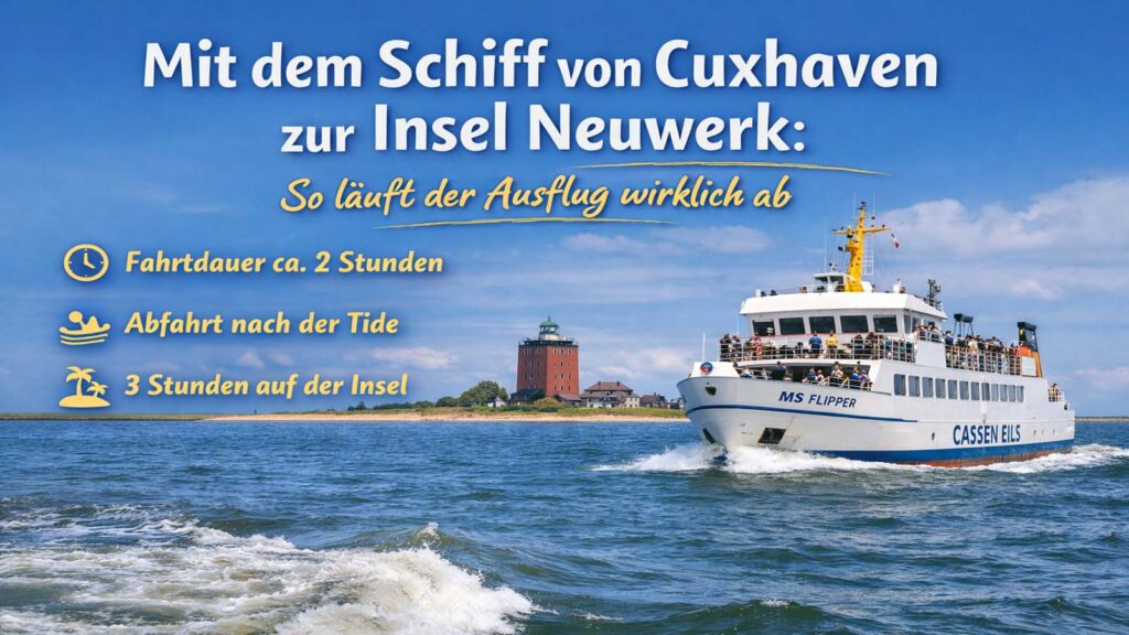 Querformatiges Beitragsbild mit Ausflugsschiff vor Neuwerk und sehr wenig Text zum Schiff von Cuxhaven zur Insel Neuwerk.