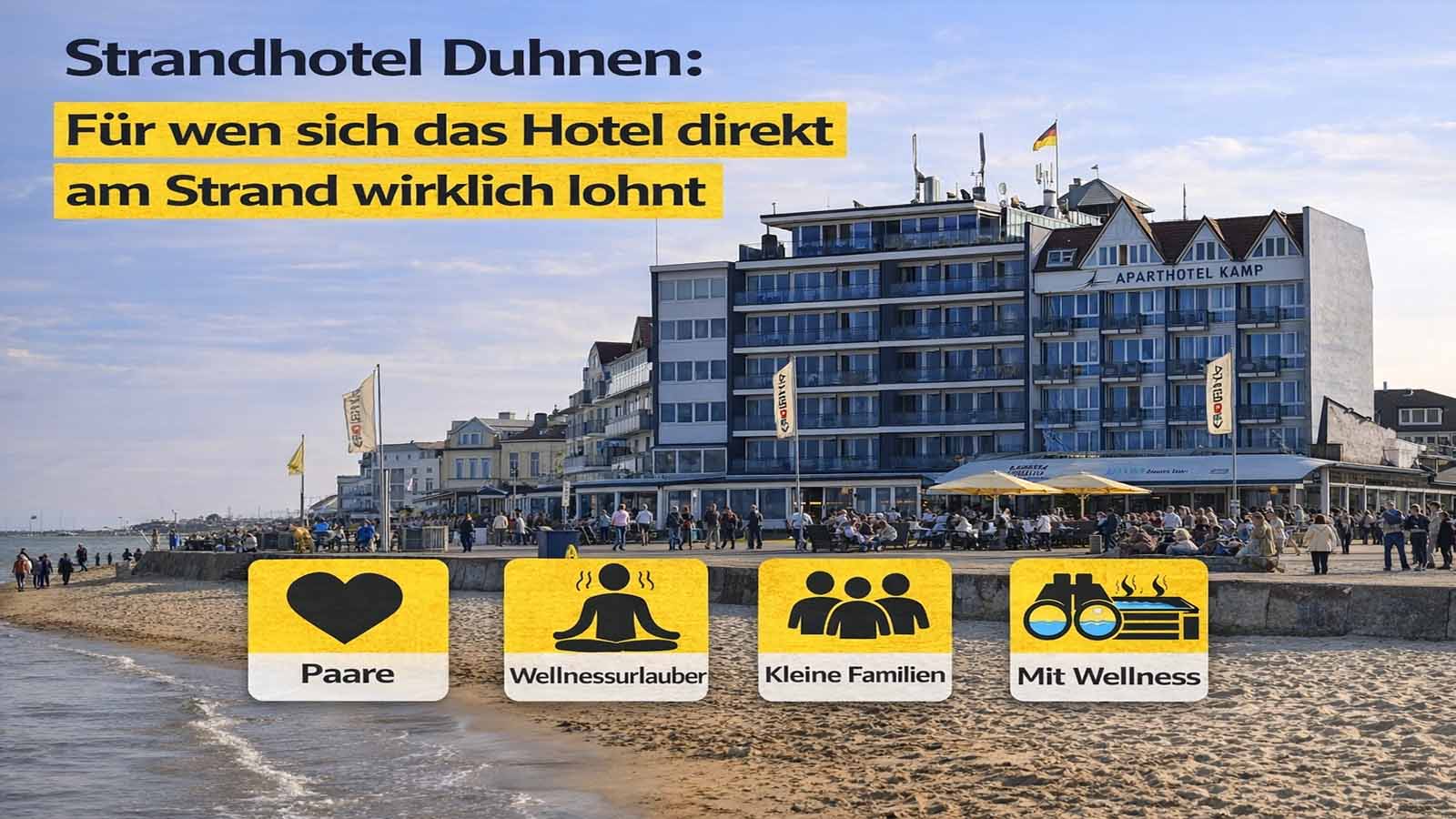 Außenansicht des Strandhotel Duhnen in Cuxhaven mit Texteinblendung zum Hotel direkt am Strand für Paare, Wellnessurlauber, kleine Familien und Urlaub an der Nordsee.