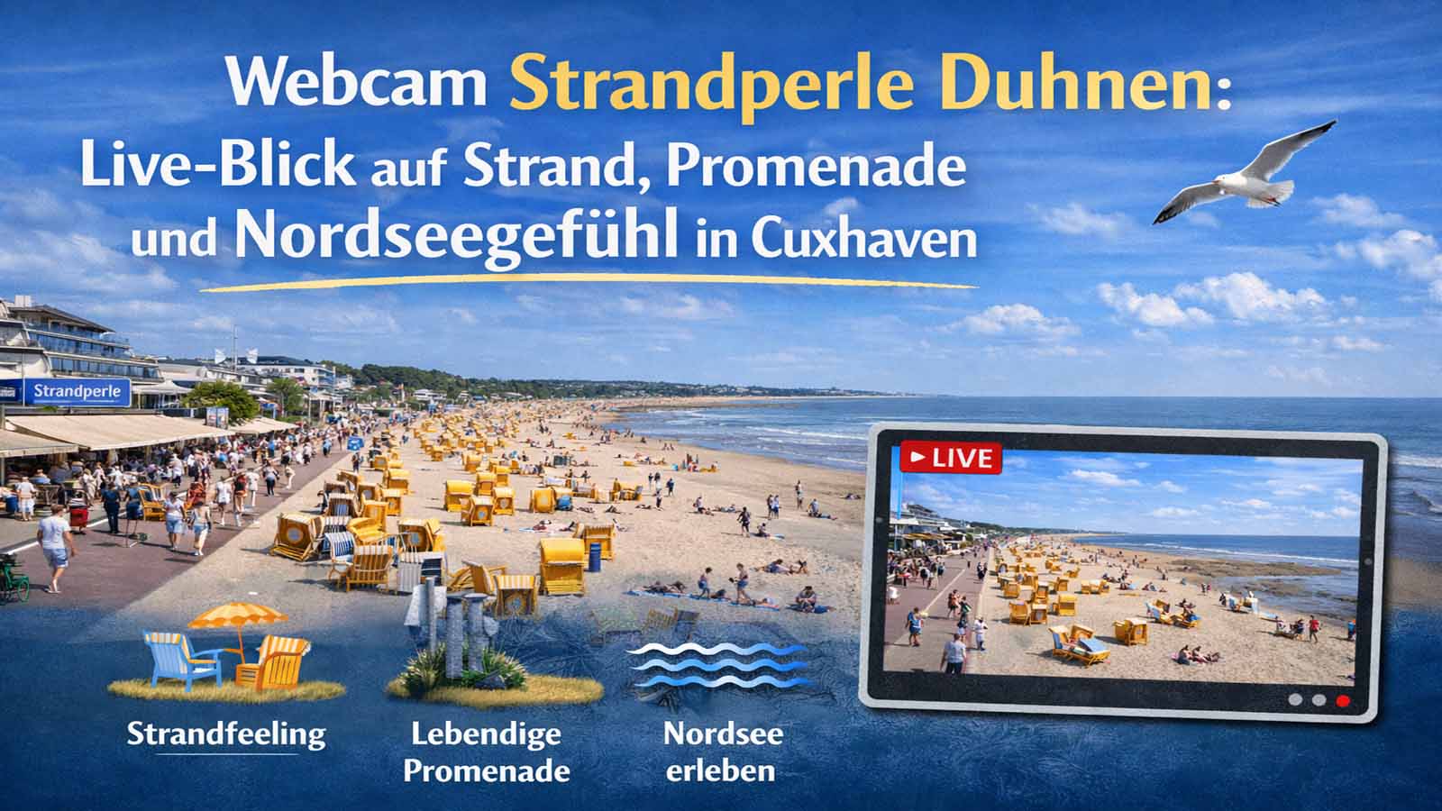 Beitragsbild zur Webcam Strandperle Duhnen in Cuxhaven mit Blick auf Strandkörbe, Promenade, Nordsee und typische Urlaubsstimmung.