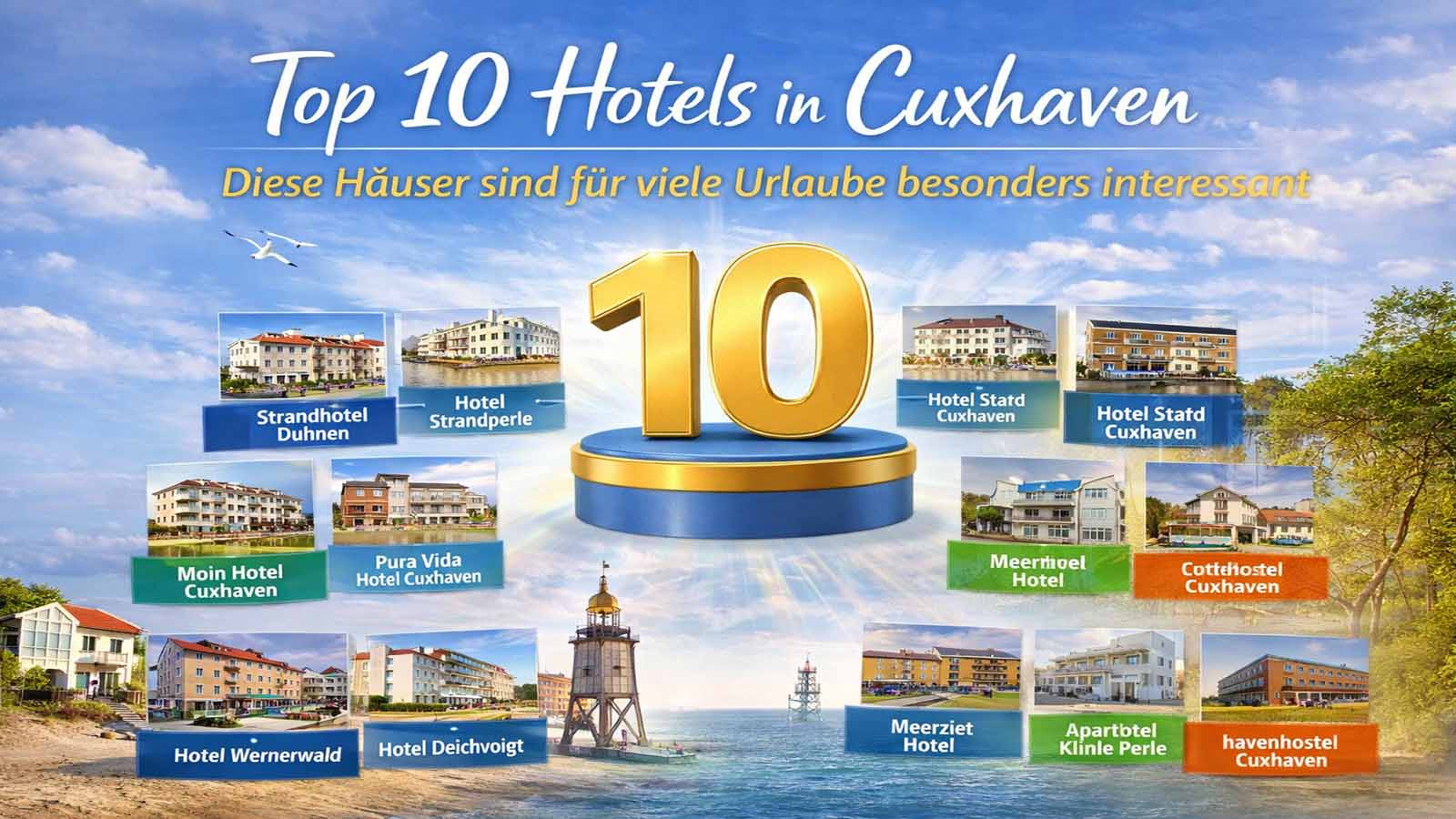 Beitragsbild zu den Top 10 Hotels in Cuxhaven mit großem goldenen 10er, Küstenmotiv, Meer, Kugelbake und verschiedenen Hotelhäusern aus Duhnen, Döse, Sahlenburg und der Stadt.