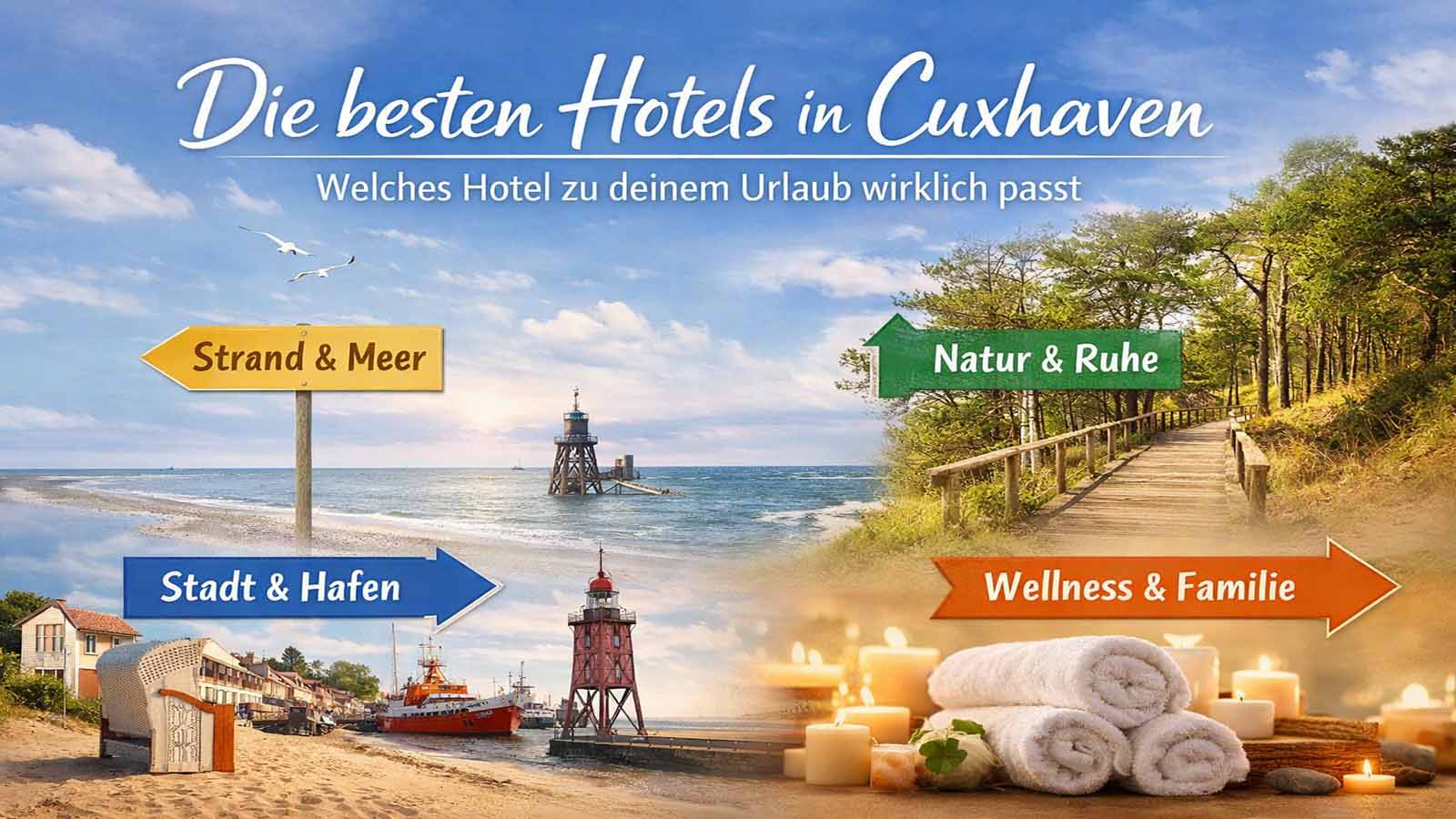 Beitragsbild zu Hotels in Cuxhaven mit Strand, Meer, Hafen, Küstenwald und Wellnessmotiv sowie den Bereichen Strand & Meer, Natur & Ruhe, Stadt & Hafen und Wellness & Familie.