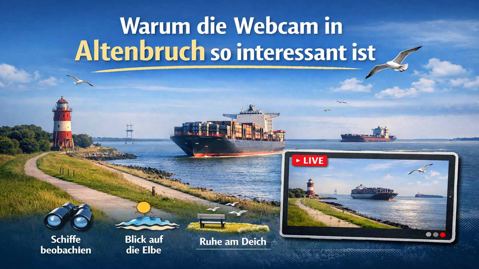 Beitragsbild zur Webcam Altenbruch in Cuxhaven mit Blick auf Elbe, Deich, Leuchtturm und vorbeifahrende Schiffe.