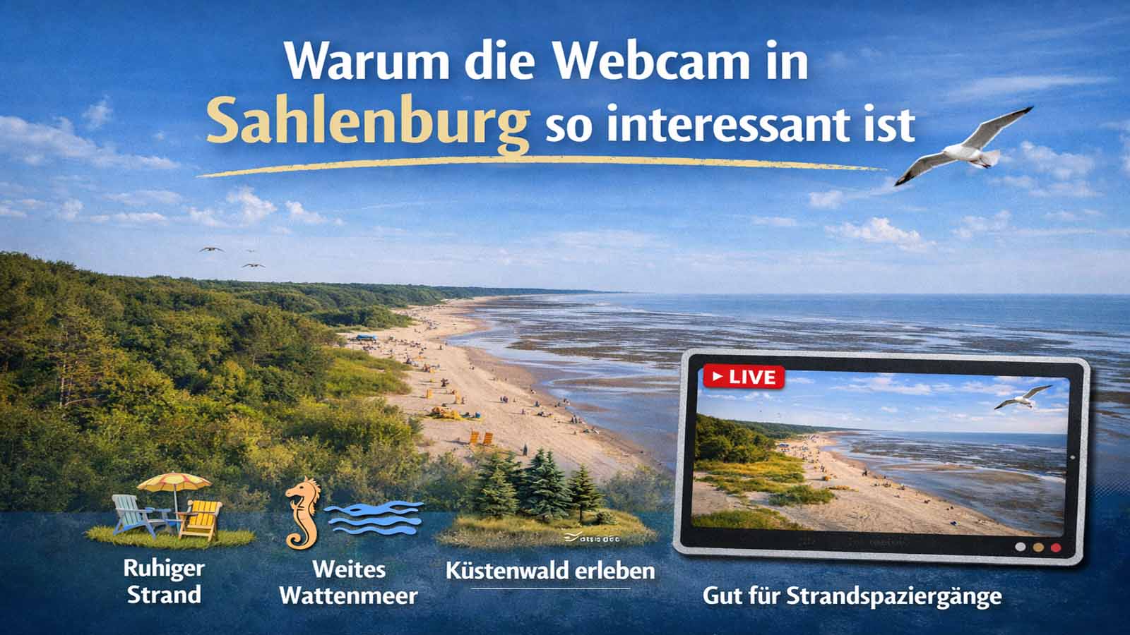 Beitragsbild zur Webcam Sahlenburg in Cuxhaven mit Blick auf Strand, Watt, Küstenwald und die ruhige Nordseeküste.