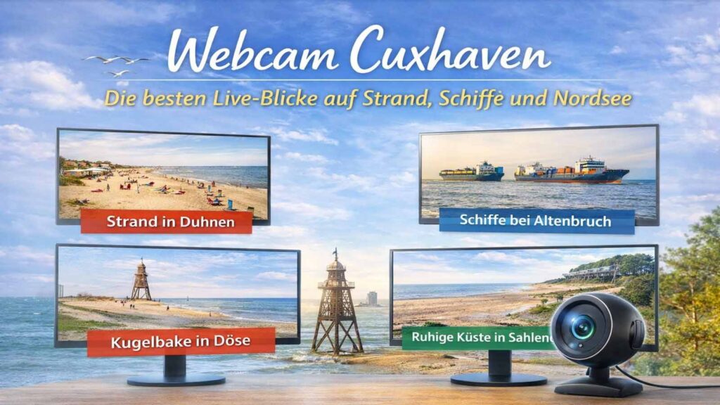 Beitragsbild zu Webcam Cuxhaven mit Küstenhimmel, Meer, Kugelbake, Schiffsverkehr und vier Monitoren für Duhnen, Altenbruch, Döse und Sahlenburg.