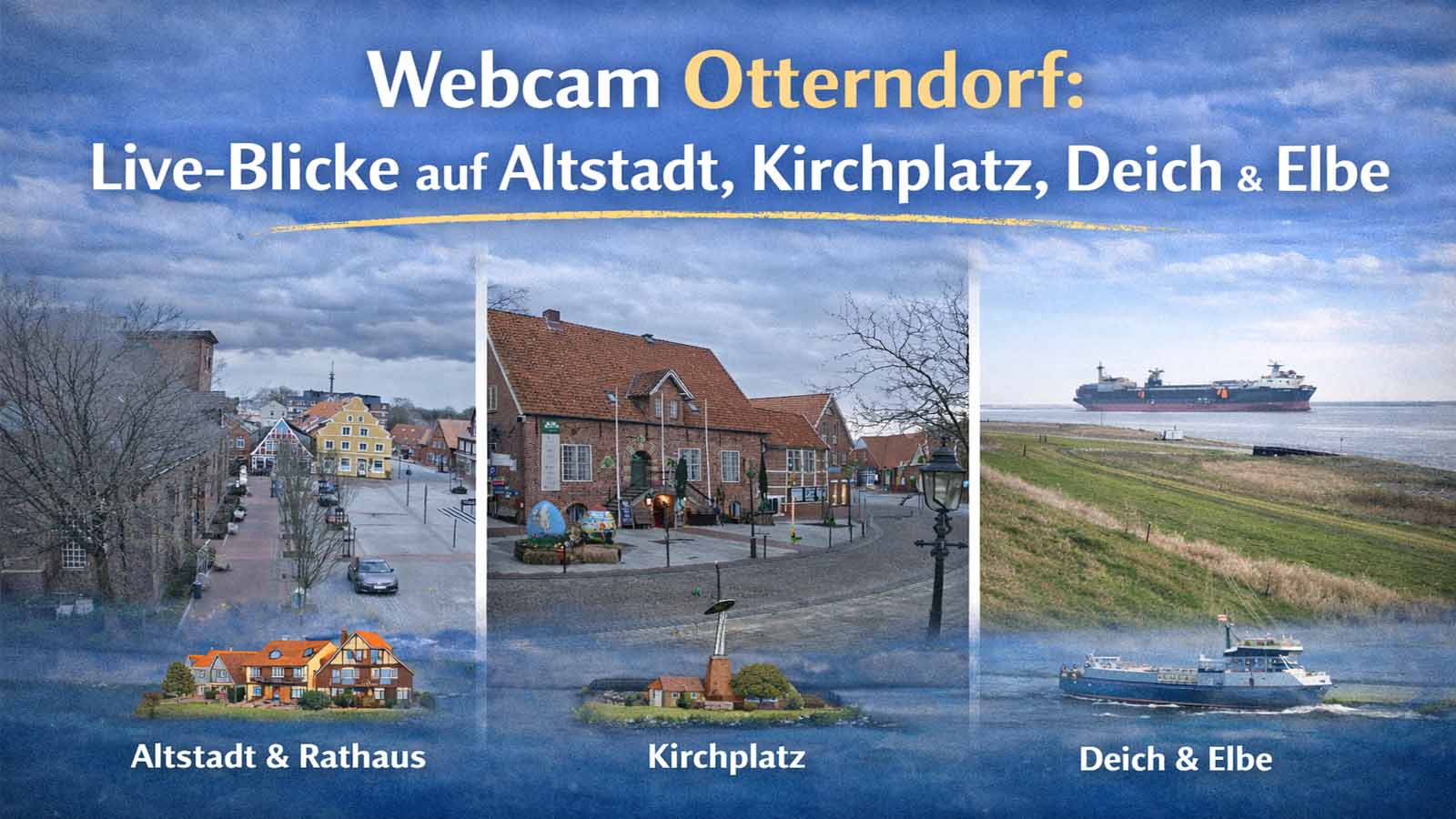 Beitragsbild zur Webcam Otterndorf mit Ansichten von Altstadt, Kirchplatz sowie Deich und Elbe.