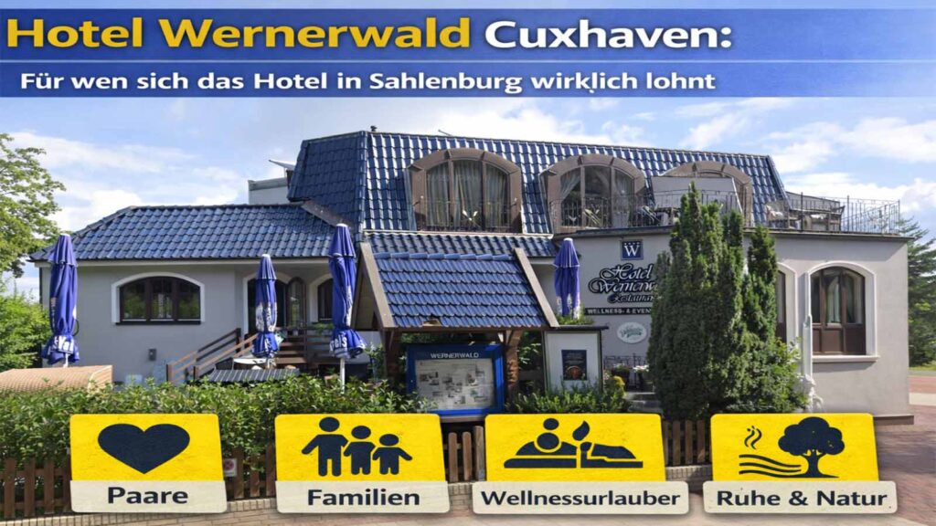 Außenansicht des Hotel Wernerwald in Cuxhaven-Sahlenburg mit heller Fassade, blauem Dach, Eingangsbereich und ruhiger Lage nahe Strand und Wernerwald.