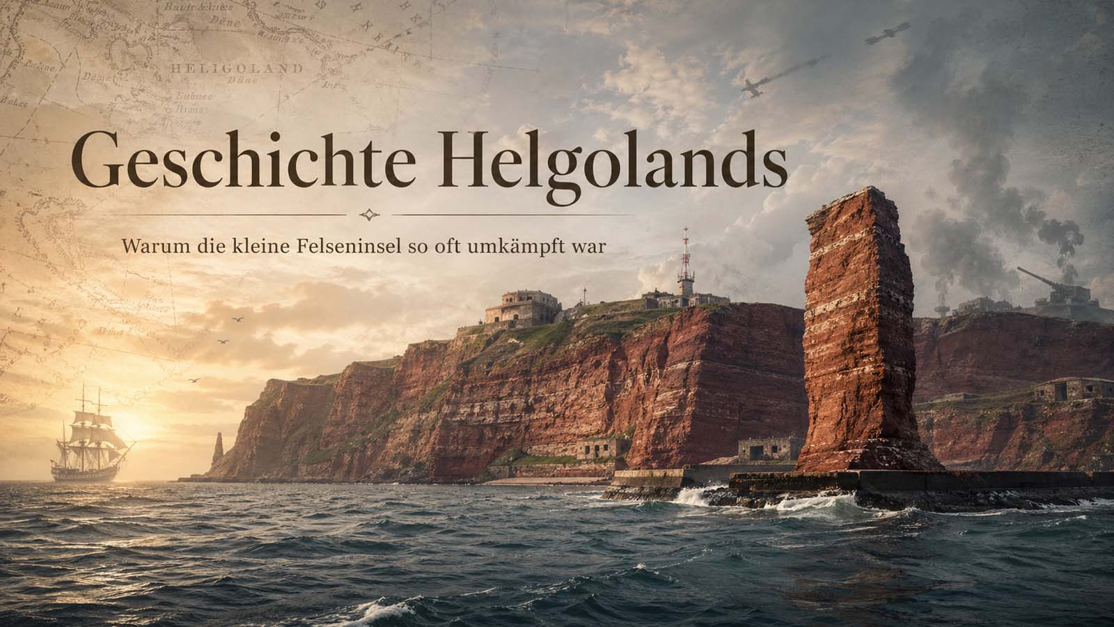 Beitragsbild zur Geschichte Helgolands mit roten Felsen, historischer Kartenoptik und dramatischer Nordsee-Stimmung.