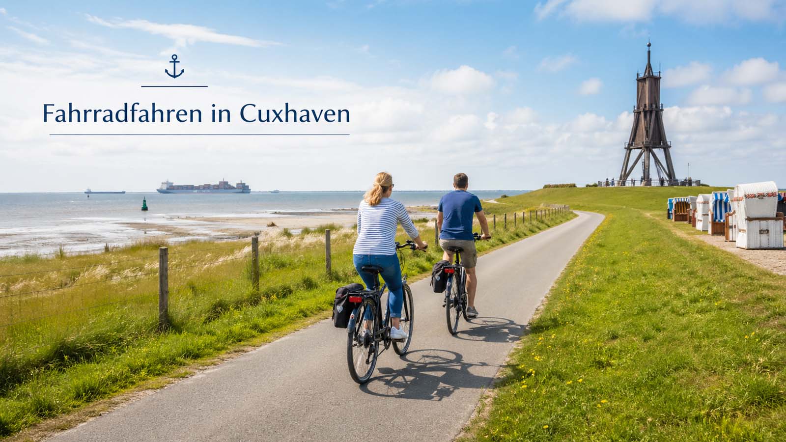 Beitragsbild mit zwei Radfahrern auf einem Küstenweg in Cuxhaven, Meerblick und Kugelbake im Hintergrund.