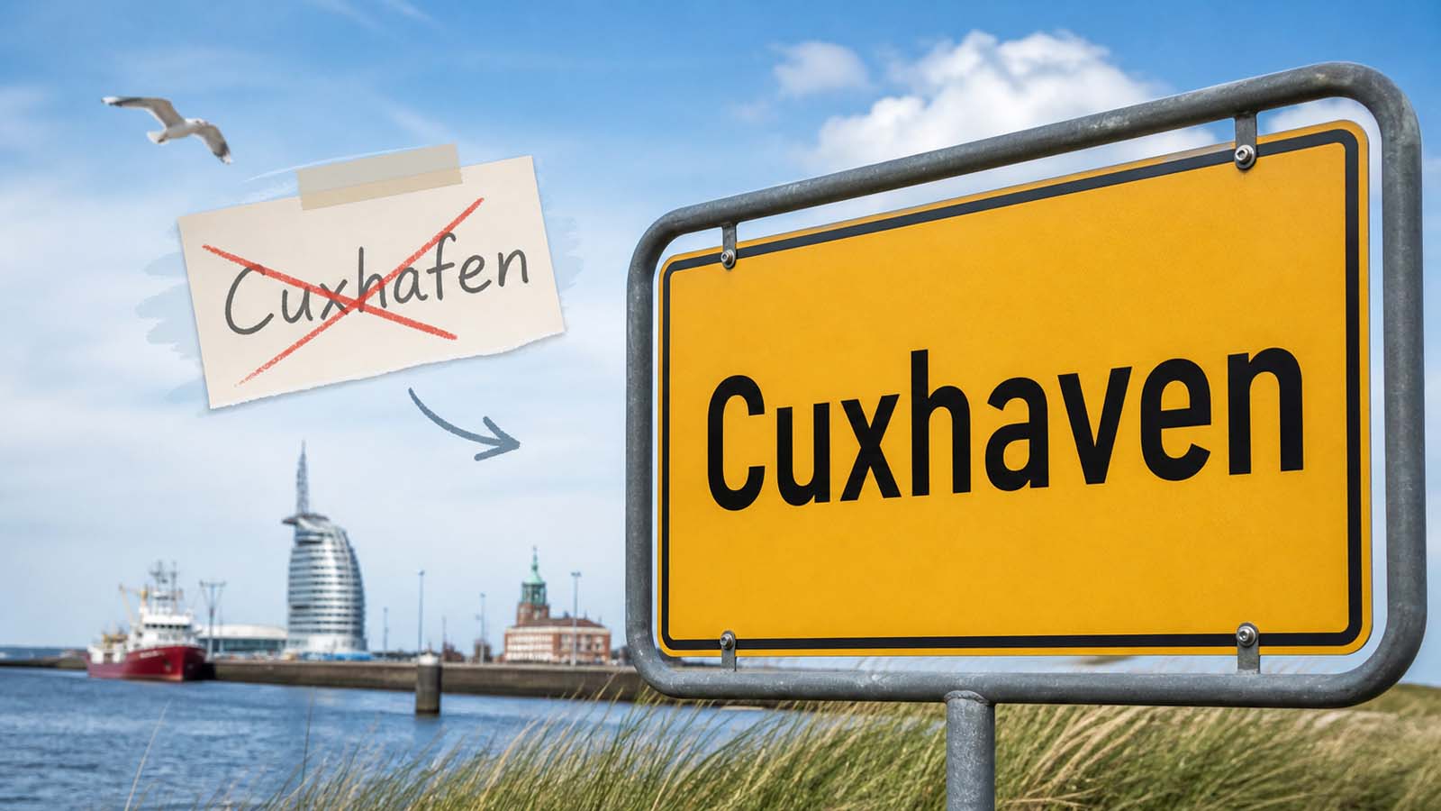 Beitragsbild mit gelbem Ortsschild „Cuxhaven“, durchgestrichenem Schriftzug „Cuxhafen“ und Hafenkulisse im Hintergrund.
