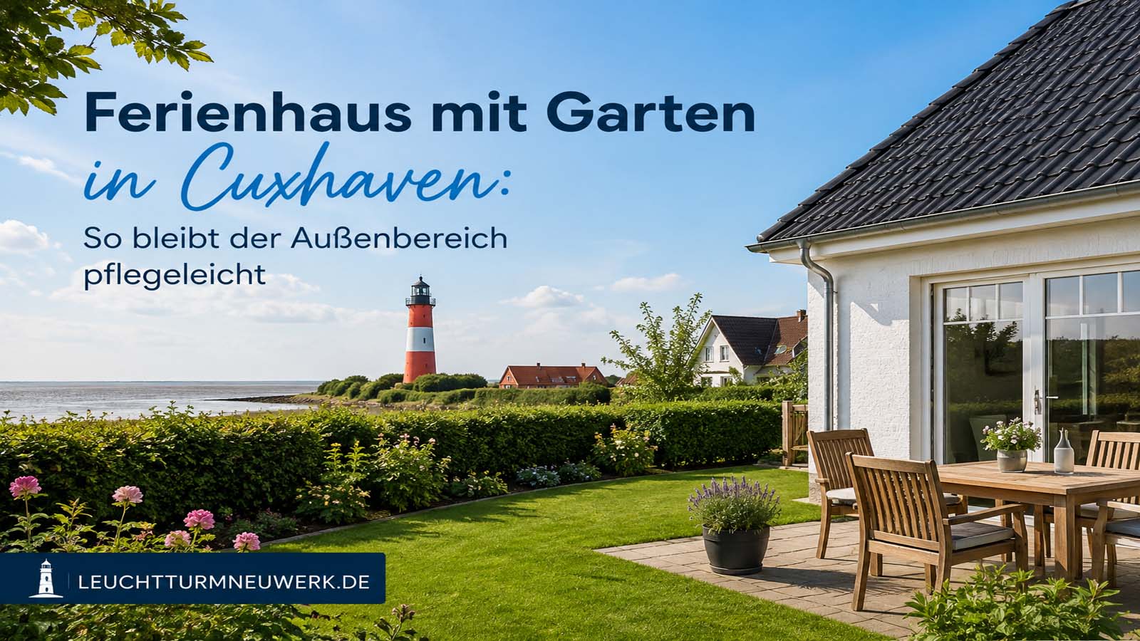 Ferienhaus mit gepflegtem Garten und Terrasse an der Nordseeküste bei Cuxhaven mit Leuchtturm im Hintergrund